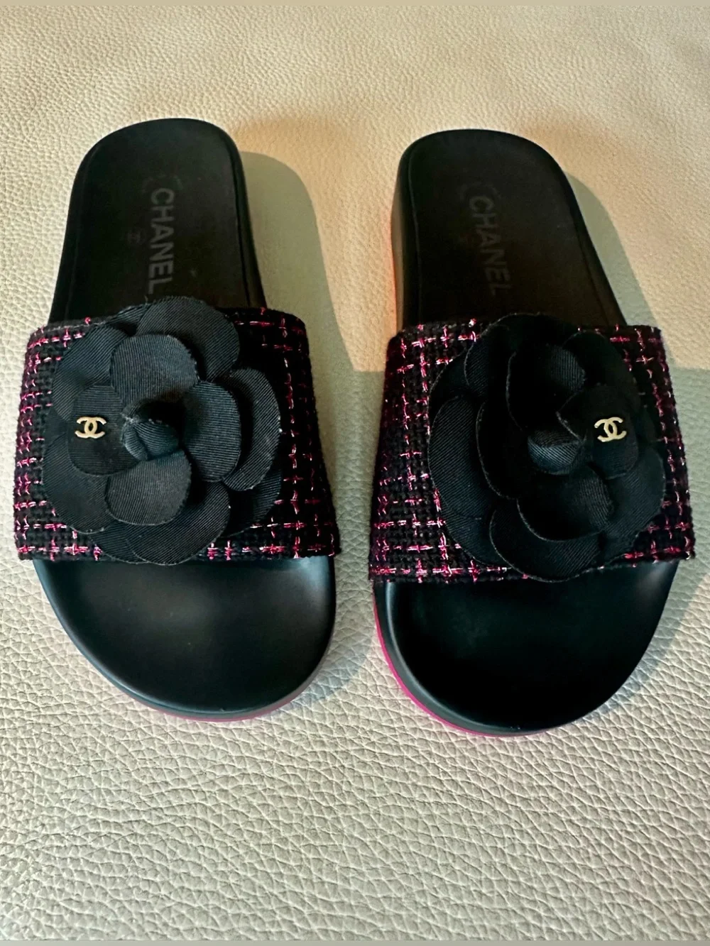 Chanel Tweed Slides Mules with Camellia Flower - NEW - EU 37